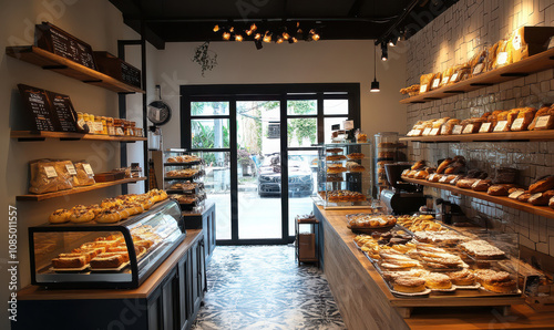 Warm, inviting bakery interior shelves stocked with pastries