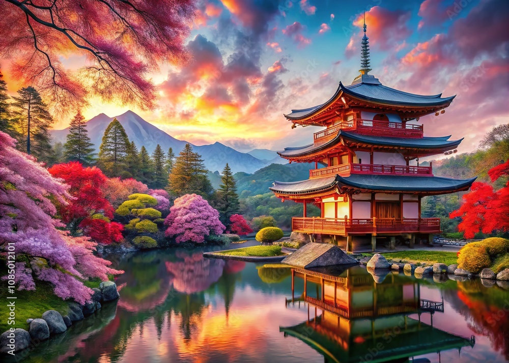 Obraz premium Surreal Japan: Vibrant Colors & Culture AI Art