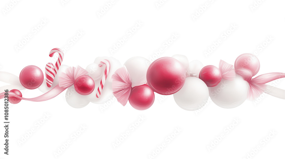 A pink and white ribbon with candy and balloons on it A pink and white ribbon with candy and balloons on it