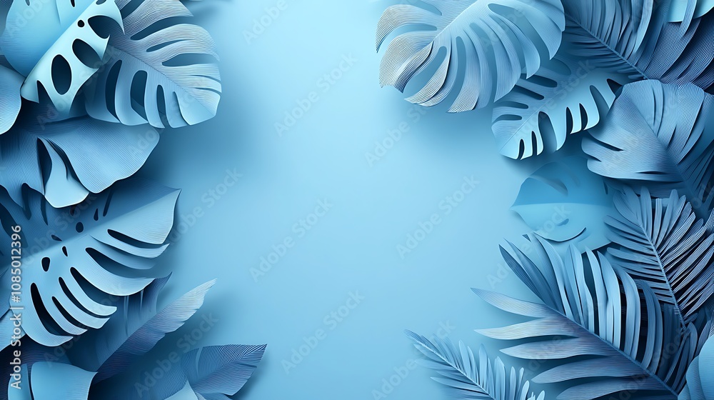 Blue background with tropical leaves paper cut Blue background with tropical leaves paper cut