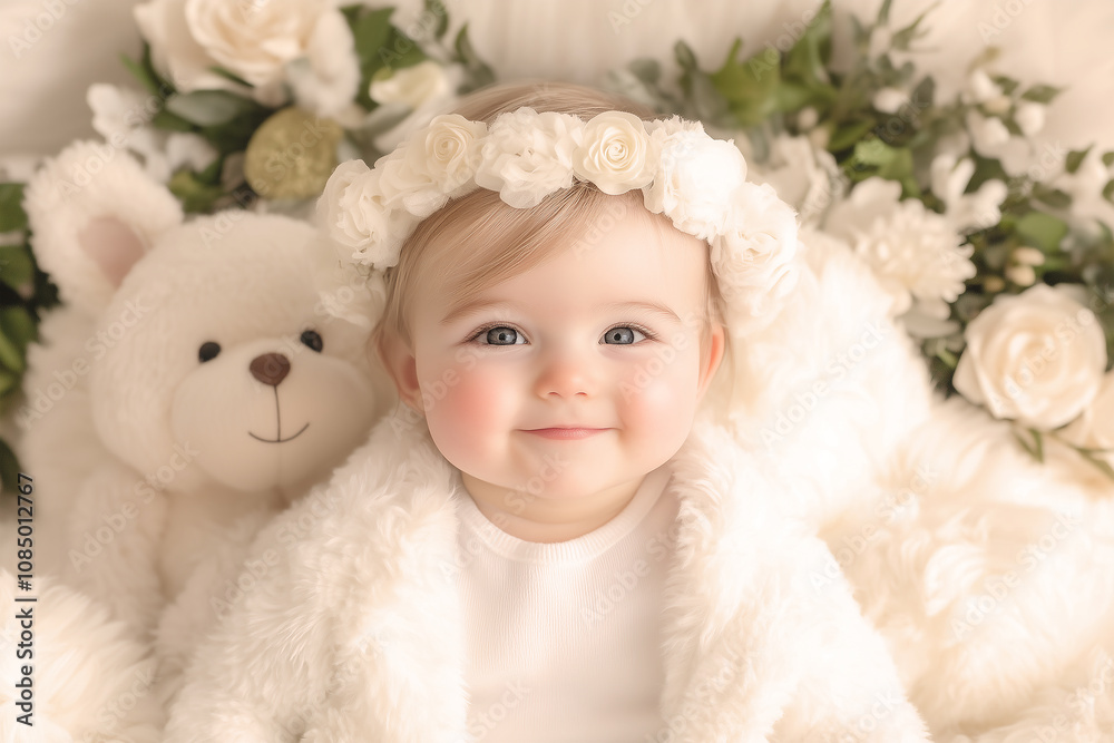 Christmas Adorable Smiling Little Baby, decorated with white flowers and bear dolls, with a warm and cozy feel
Christmas Adorable Smiling Little Baby, decorated with white flowers and bear dolls, with a warm and cozy feel