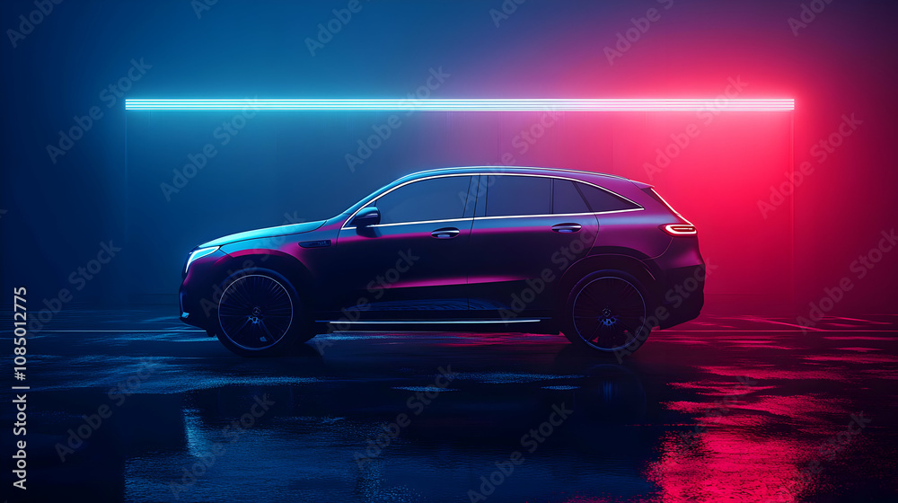 Black SUV with Neon Lights 3D Render Black SUV with Neon Lights 3D Render