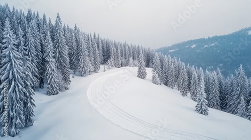 A peaceful winter scene with snow-covered trees and a winding path.