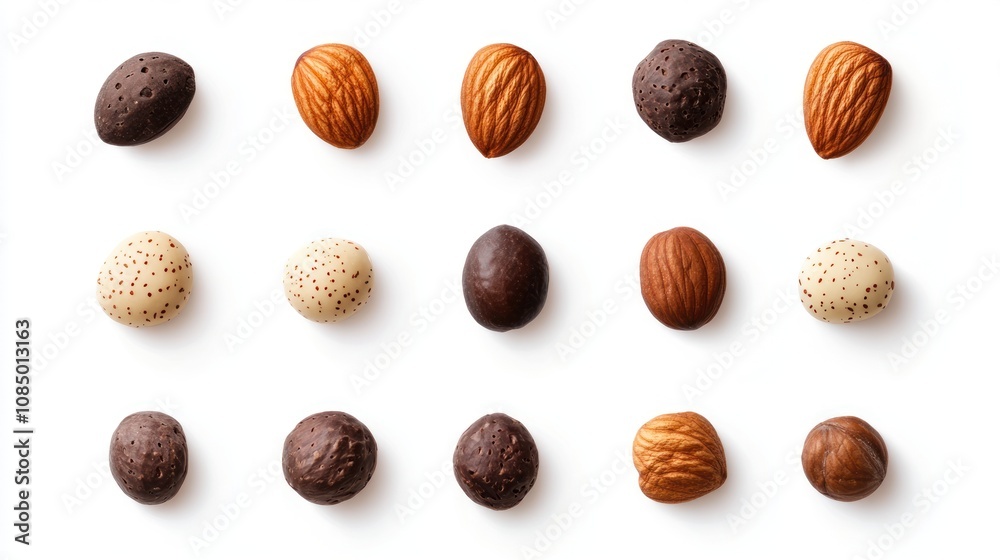 A pattern of chocolate covered almonds, milk chocolate, and dark chocolate isolated on white background. A pattern of chocolate covered almonds, milk chocolate, and dark chocolate isolated on white background.