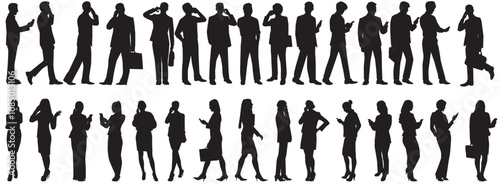 silhouette of people using mobile phone collection on isolated white background. People chatting contacting, messaging, connecting, phonecall business people. 