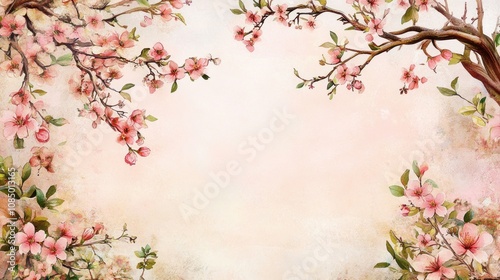 Delicate pink cherry blossom branches with green leaves frame a soft pink background, creating a romantic and delicate floral design.