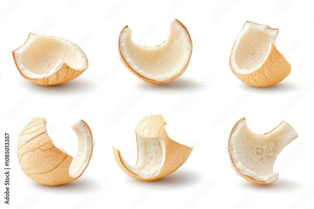 Six pieces of coconut shell, isolated on white background.