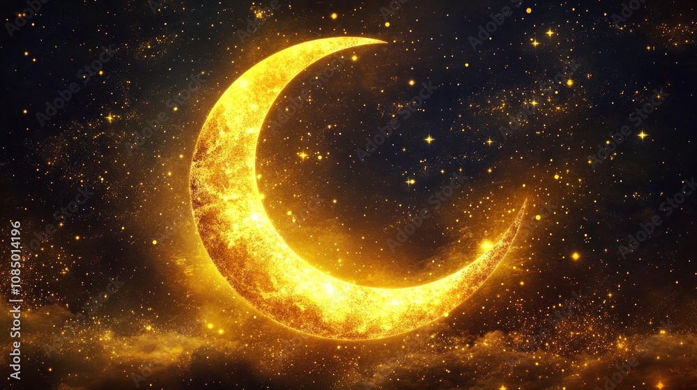 Golden crescent moon glowing in the night sky.
Golden crescent moon glowing in the night sky.