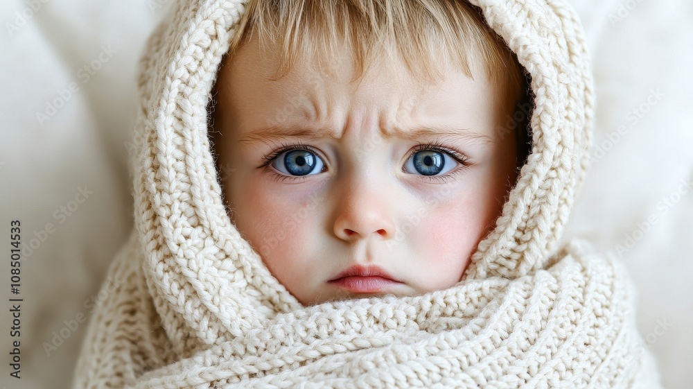 Pertussis, or whooping cough, affects children. A worried child with big blue eyes wrapped in a cozy, knitted blanket, exuding a sense of innocence and vulnerability. Pertussis, or whooping cough, affects children. A worried child with big blue eyes wrapped in a cozy, knitted blanket, exuding a sense of innocence and vulnerability.