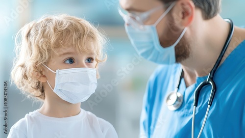 Pertussis, or whooping cough, affects children. A child and a healthcare professional wearing masks, engaging in a supportive and caring interaction in a medical setting.