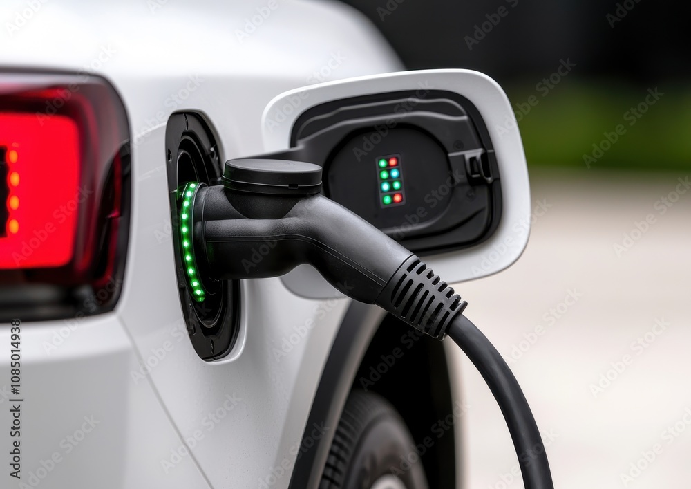 A close-up of an electric vehicle charging, showing the charging port and cable with lights indicating charging status. A close-up of an electric vehicle charging, showing the charging port and cable with lights indicating charging status.