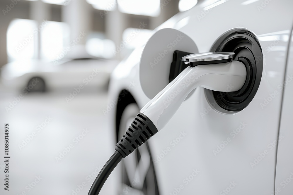 A close-up of an electric vehicle charging, highlighting the connector plugged into the car's charging port in a bright indoor setting. A close-up of an electric vehicle charging, highlighting the connector plugged into the car's charging port in a bright indoor setting.