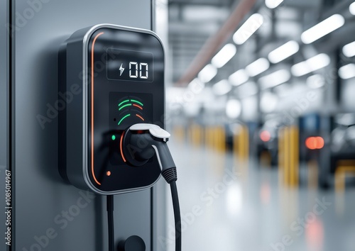 A modern electric vehicle charger with a digital display, located in a spacious garage, ready for use. photo