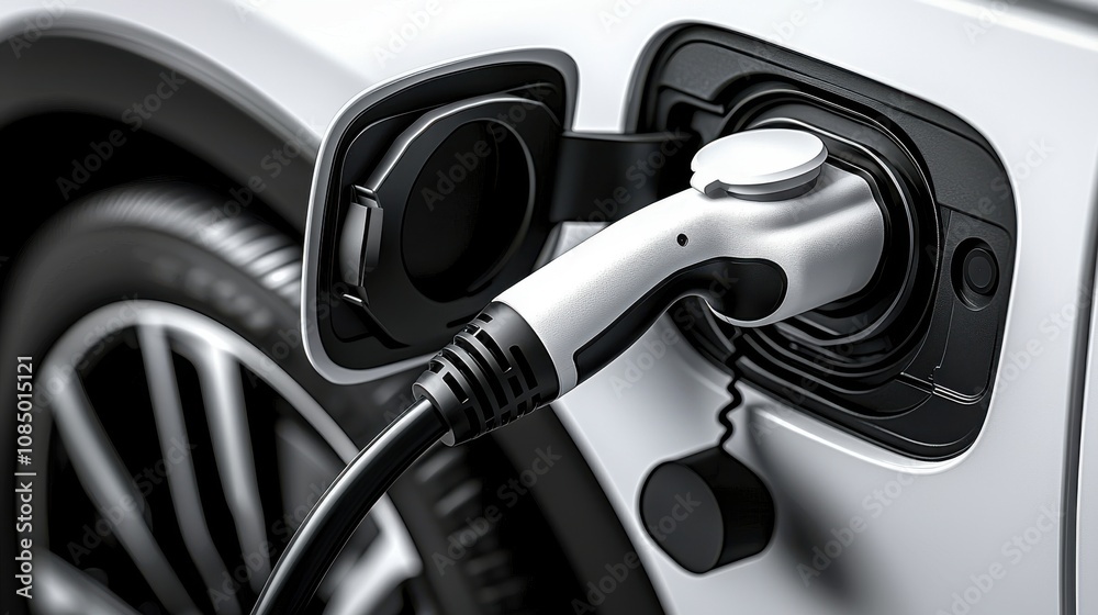 A close-up of an electric vehicle charging port with a charging cable inserted, highlighting modern automotive technology and sustainability. A close-up of an electric vehicle charging port with a charging cable inserted, highlighting modern automotive technology and sustainability.