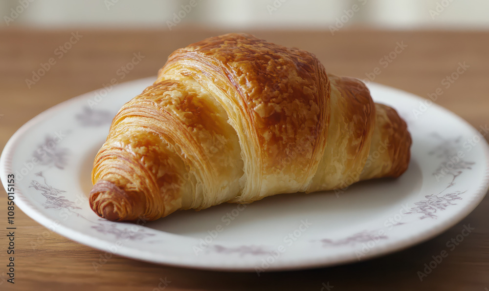 Golden croissant on plate inviting breakfast pastry Golden croissant on plate inviting breakfast pastry
