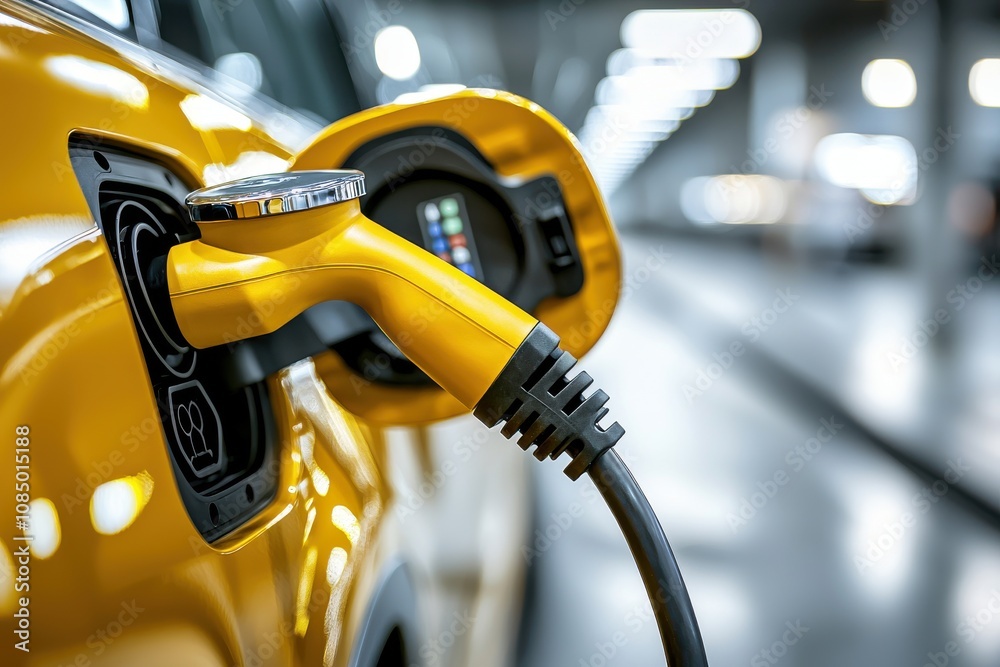 A close-up of a yellow electric car charging, showcasing the charging port and cable in a modern, well-lit environment. A close-up of a yellow electric car charging, showcasing the charging port and cable in a modern, well-lit environment.