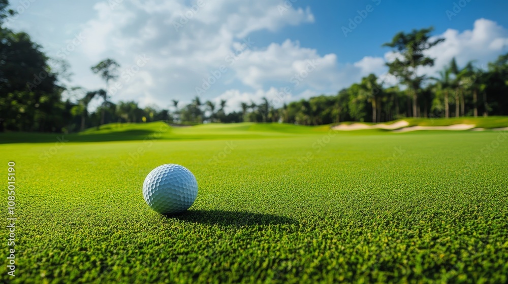 A serene golf course scene with meticulous greenery, Golfing equipment elegantly placed, Classic sporting style A serene golf course scene with meticulous greenery, Golfing equipment elegantly placed, Classic sporting style