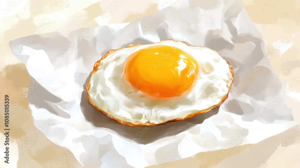Runny-yolk fried egg on parchment paper, golden and white tones creating a cozy food scene Runny-yolk fried egg on parchment paper, golden and white tones creating a cozy food scene