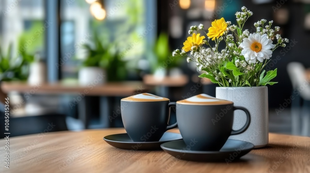 Cozy Cafe Setting with Coffee and Flowers Cozy Cafe Setting with Coffee and Flowers