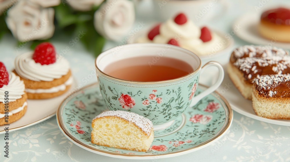 Delicate Afternoon Tea Setting with Tea, Cakes, and Fresh Berries on a Floral Tablecloth Capturing a Cozy and Elegant Atmosphere for Relaxation and Enjoyment Delicate Afternoon Tea Setting with Tea, Cakes, and Fresh Berries on a Floral Tablecloth Capturing a Cozy and Elegant Atmosphere for Relaxation and Enjoyment