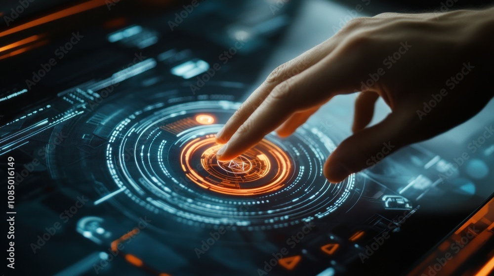 Close up of human hand touching button on virtual screen. Technology concept - Generated AI Close up of human hand touching button on virtual screen. Technology concept - Generated AI