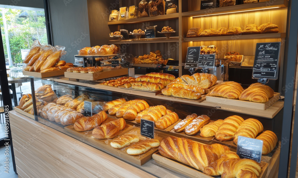 Warm, inviting bakery display delicious pastries and bread Warm, inviting bakery display delicious pastries and bread
