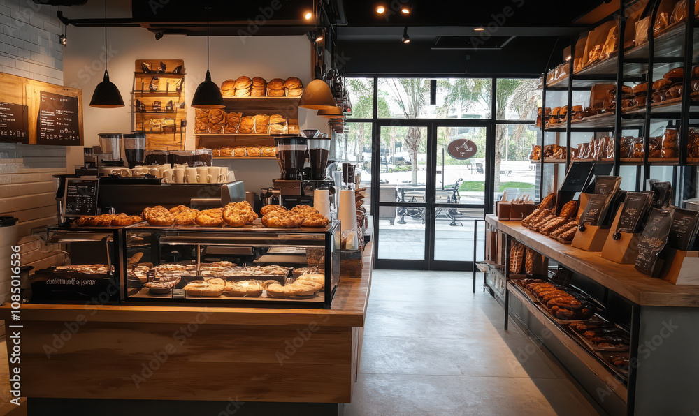 Warm, inviting bakery interior artisan breads and pastries Warm, inviting bakery interior artisan breads and pastries