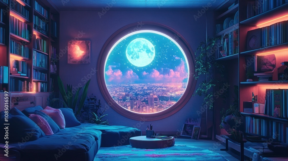 A cozy lo-fi room with a round window framing the night sky. A cozy lo-fi room with a round window framing the night sky.