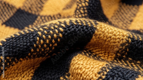 Warm knitted wool fabric in mustard and black with a checkered pattern