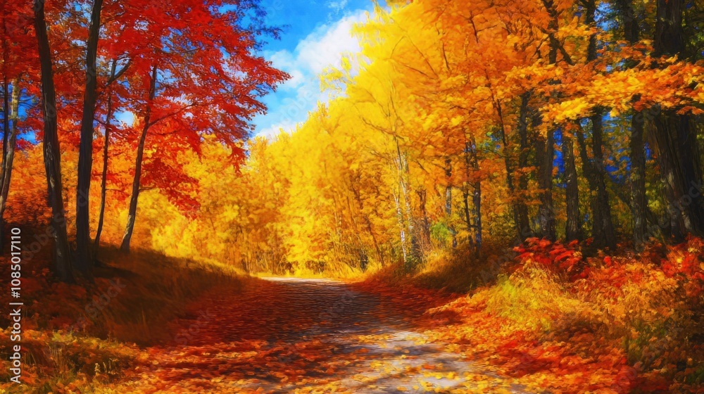 Obraz premium A vibrant oil painting of an autumn forest trail.