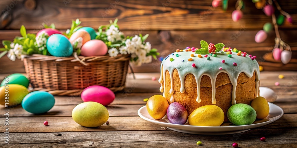 Close-up of a Festive Easter Cake Surrounded by Colorful Eggs on a Rustic Wooden Table, Perfect for Celebrating the Holiday Season and Creating a Warm Atmosphere Close-up of a Festive Easter Cake Surrounded by Colorful Eggs on a Rustic Wooden Table, Perfect for Celebrating the Holiday Season and Creating a Warm Atmosphere