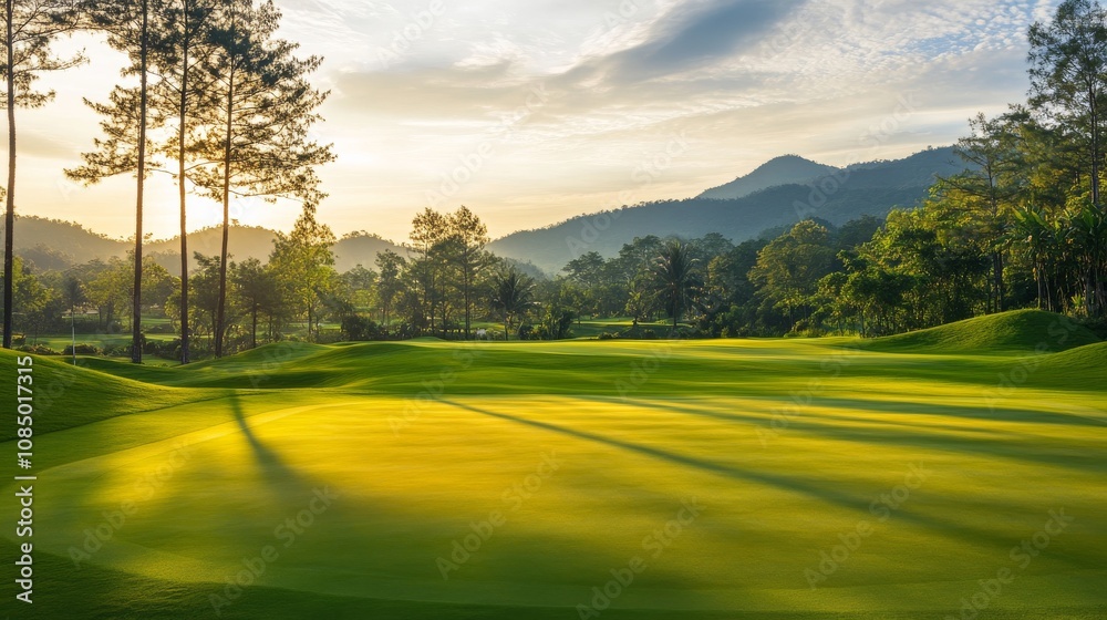 Obraz premium A serene golfing experience on a meticulously groomed course, Golf essentials elegantly displayed, Classic sporting style