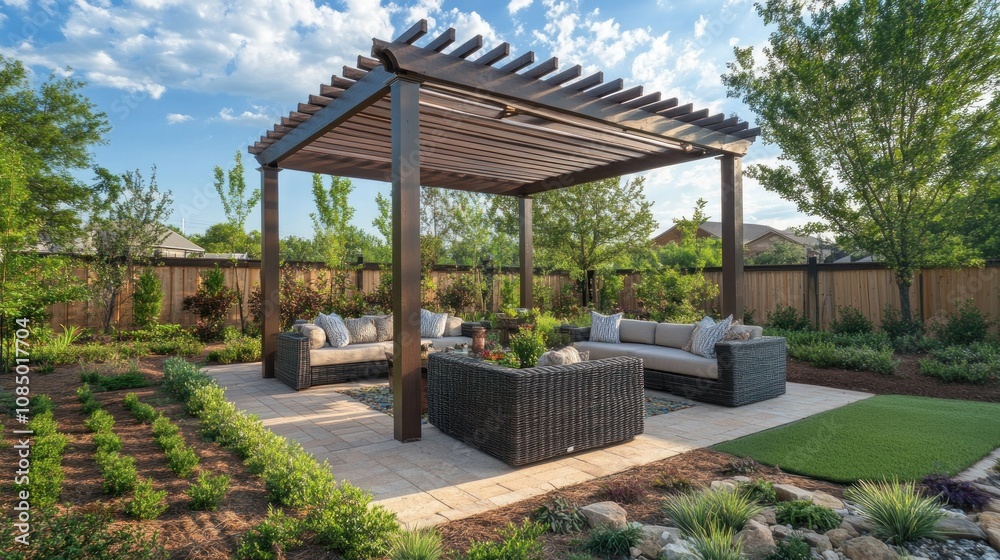 Modern Patio with Wooden Pergola and Wicker Furniture Modern Patio with Wooden Pergola and Wicker Furniture