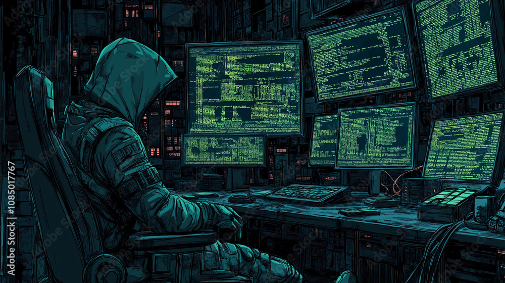 Hacker in Dark Workspace Cybersecurity Risks, Coding Malware Data Theft Hacker in Dark Workspace Cybersecurity Risks, Coding Malware Data Theft