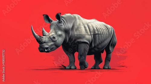 A majestic white rhinoceros stands on a red background. photo