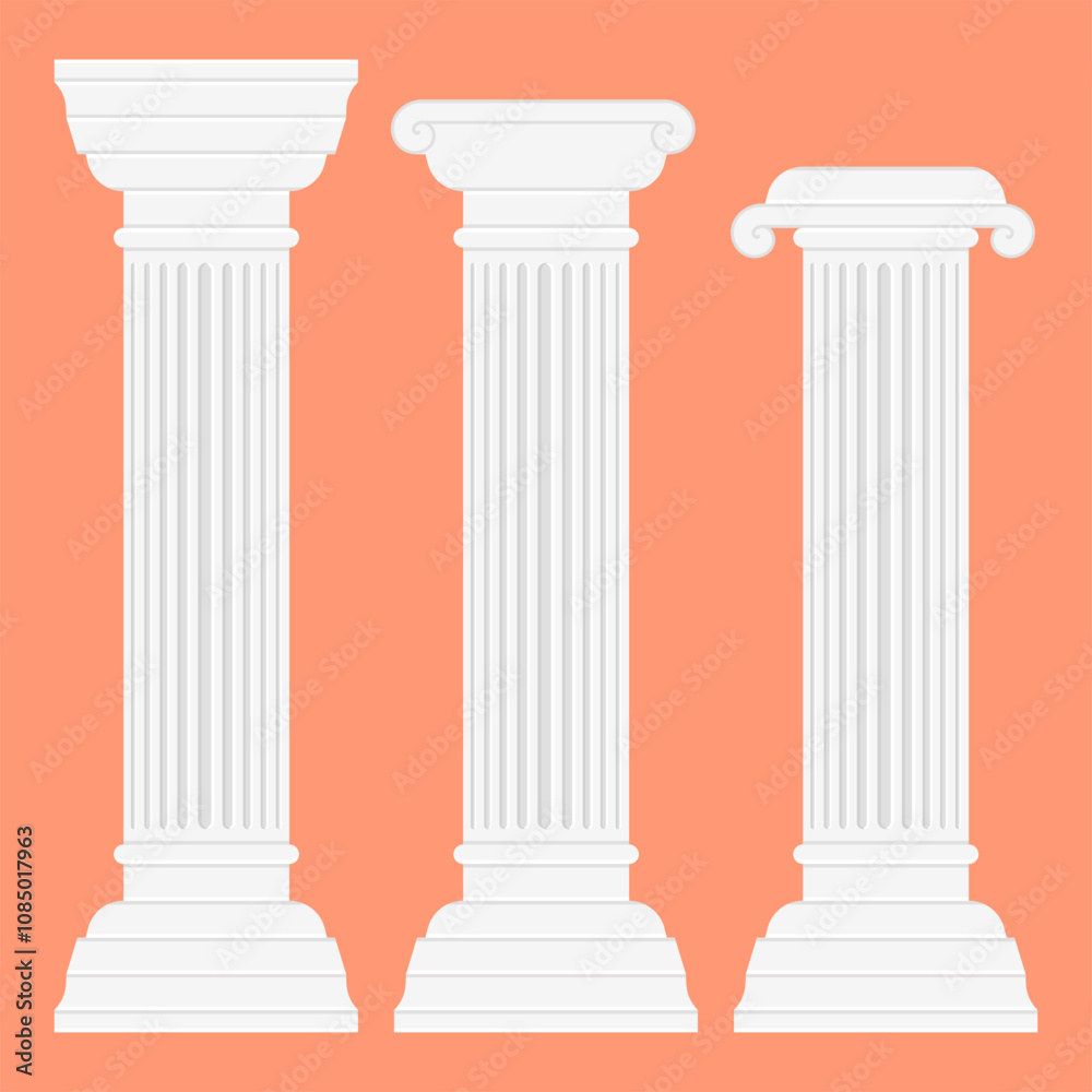 Three White Pillars Historical Building Vector. Classical Architecture Pillar Design.