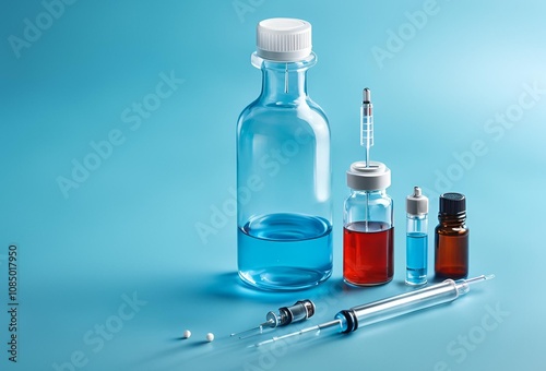 Medical syringe with a needle and a bottle with vaccine.