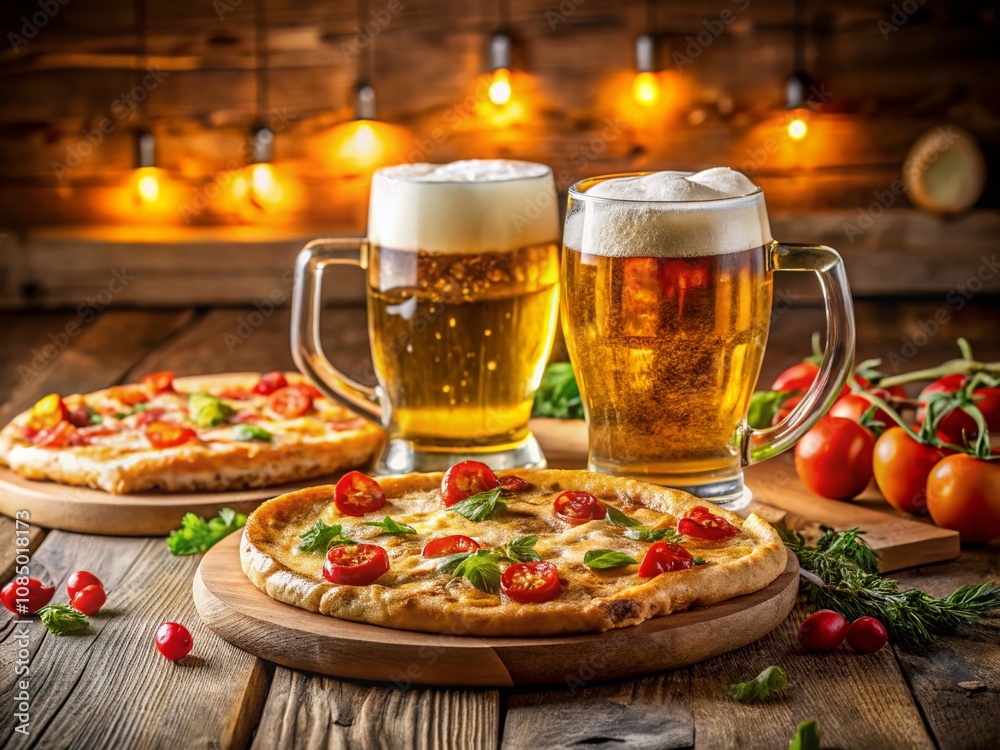 Close-Up of Beer and Pizza Glasses on a Rustic Wooden Table Creating a Cozy and Inviting Atmosphere Perfect for Food and Beverage Lovers Close-Up of Beer and Pizza Glasses on a Rustic Wooden Table Creating a Cozy and Inviting Atmosphere Perfect for Food and Beverage Lovers