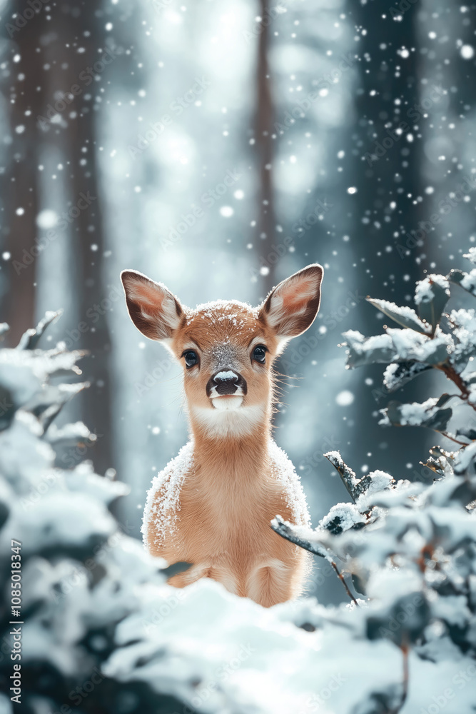 Fototapeta premium Cute reindeer in a Christmas snowy forest, surrounded by falling snow, creating a magical winter scene.Vertical winter card for New Year greetings on social networks