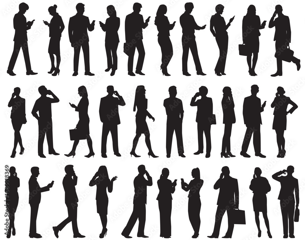  silhouette of business people . Businessman and woman standing using phones.