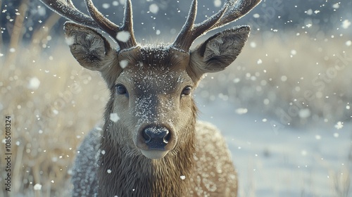 Snowy encounter majestic deer in winter landscape nature photography tranquil environment close-up viewpoint photo