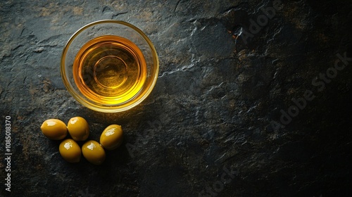 Golden olive oil in a clear glass bowl, surrounded by ripe olives, isolated on a smooth stone background with rustic touches photo