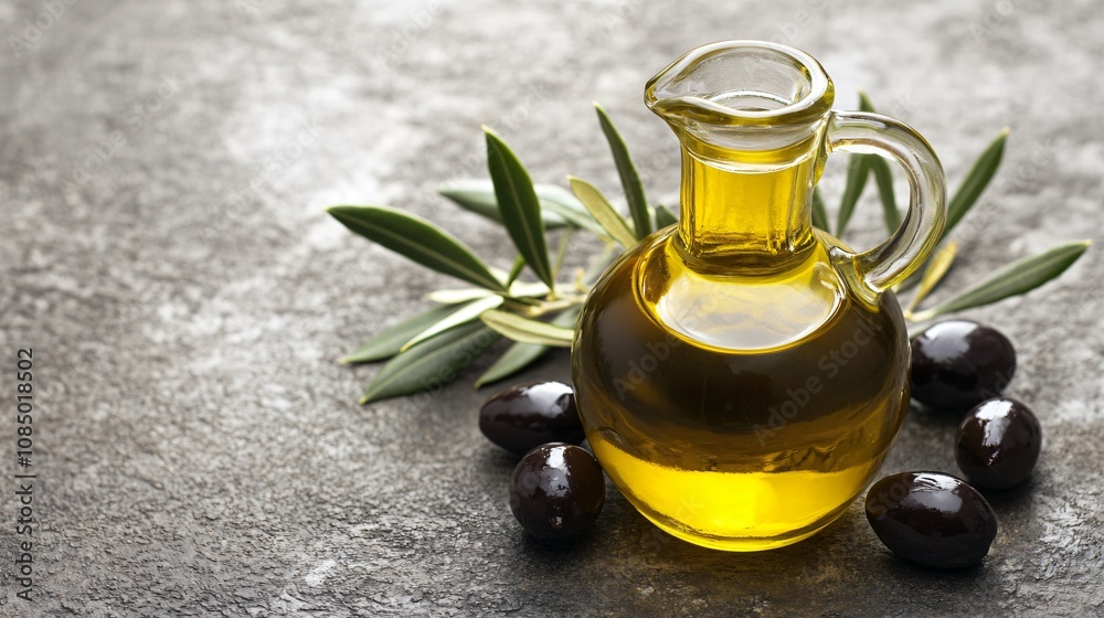 Golden olive oil in a rustic glass bottle with olive branches, isolated on a smooth, light background Golden olive oil in a rustic glass bottle with olive branches, isolated on a smooth, light background