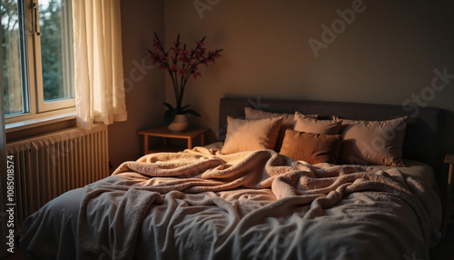 Cozy bedroom in warm tones with soft blankets and natural light during the serene evening hours