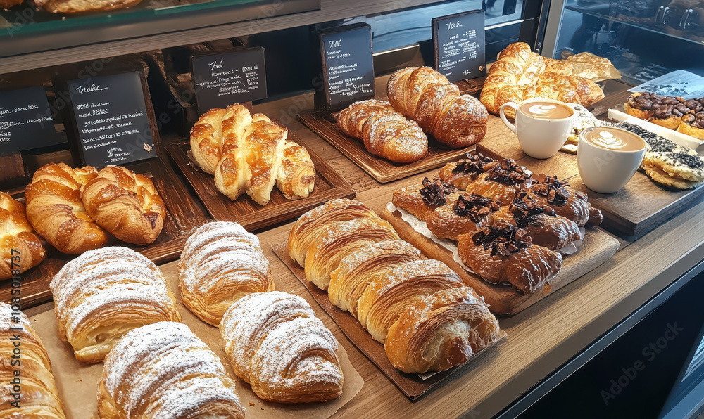 Golden croissants and latte tempting bakery display Golden croissants and latte tempting bakery display