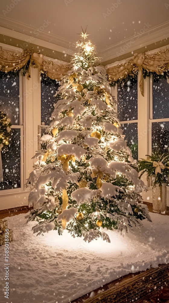 Fototapeta premium Festive Christmas Tree with Snow Effect and Warm Holiday
