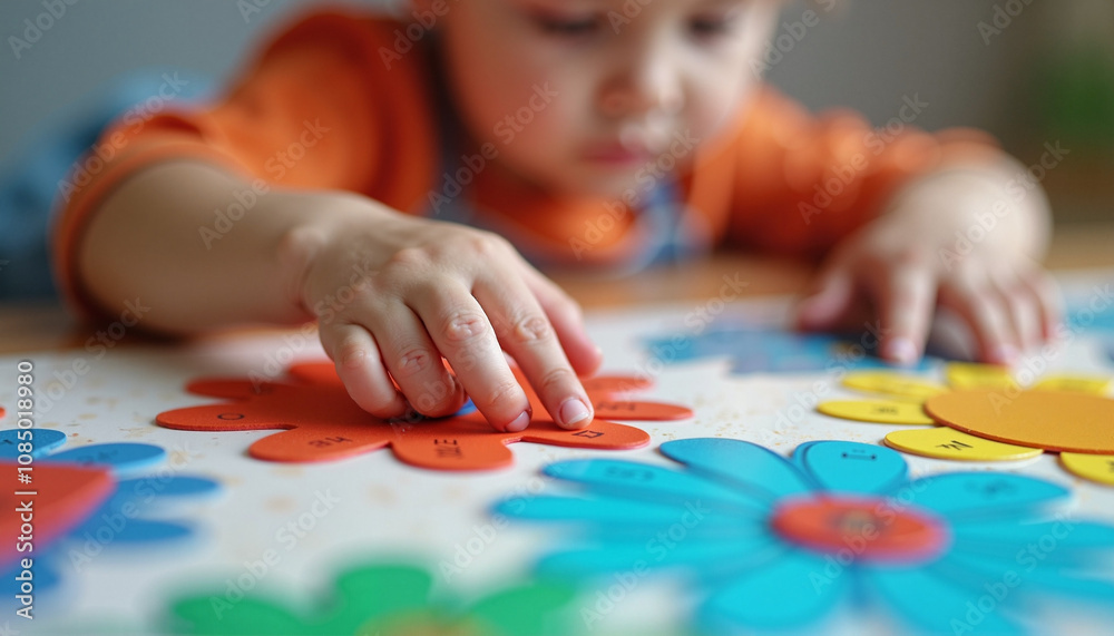 Child engaging with colorful shapes in a creative learning setting focused on autism awareness activities Child engaging with colorful shapes in a creative learning setting focused on autism awareness activities