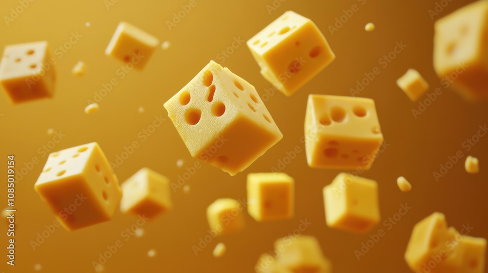 Floating cheese cubes in mid-air with detailed textures, creating a playful and dynamic culinary display Floating cheese cubes in mid-air with detailed textures, creating a playful and dynamic culinary display