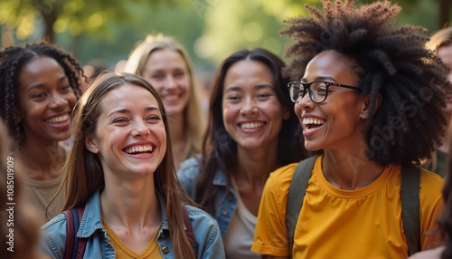 Joyful group of friends celebrating diversity and connection in a sunny park setting during afternoon gathering