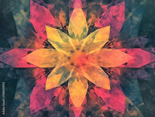 Vibrant Kaleidoscopic Geometric Abstract Art with Symmetrical Patterns and Vivid Colors photo